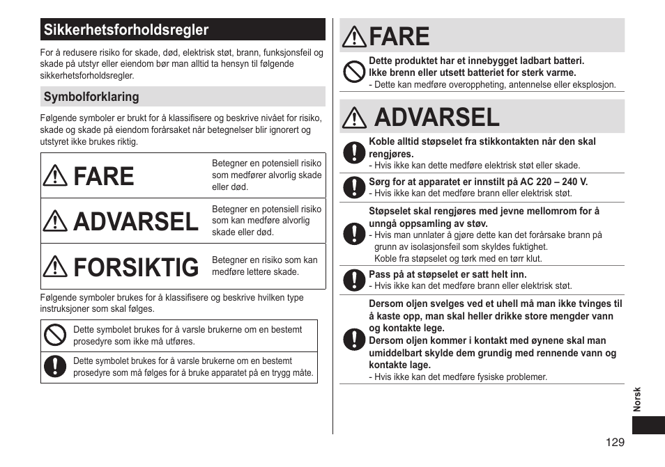 Fare, Advarsel, Forsiktig | Sikkerhetsforholdsregler | Panasonic ERGS60 User Manual | Page 129 / 256