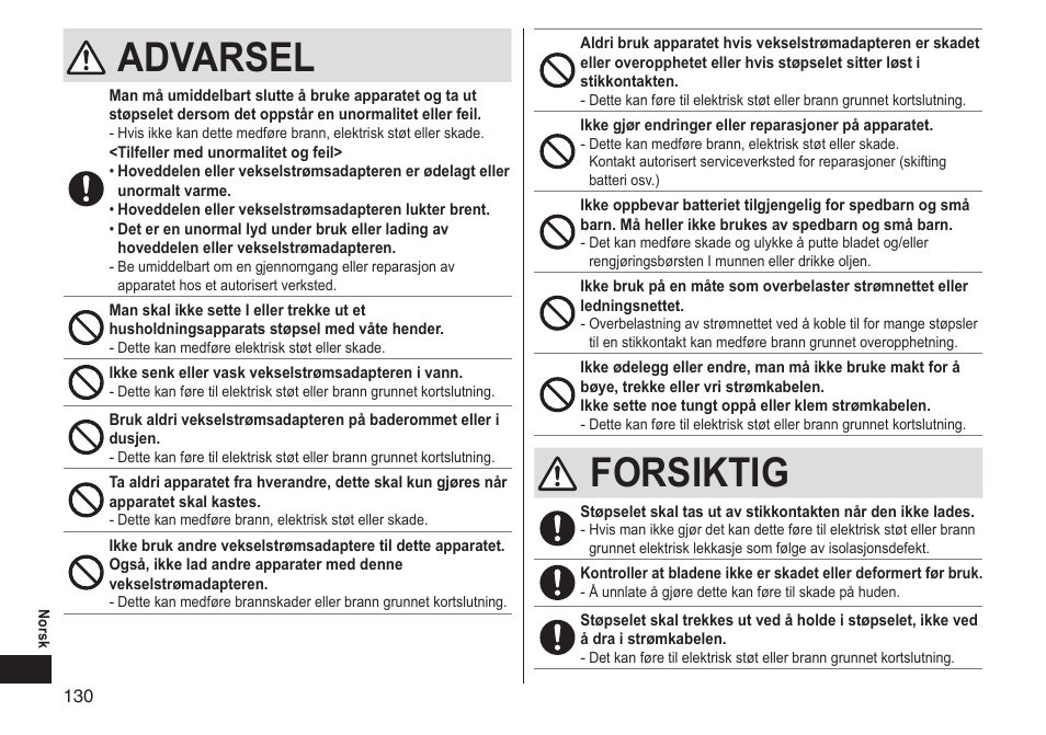 Advarsel, Forsiktig | Panasonic ERGS60 User Manual | Page 130 / 256
