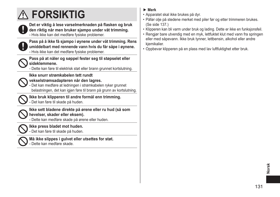 Forsiktig | Panasonic ERGS60 User Manual | Page 131 / 256