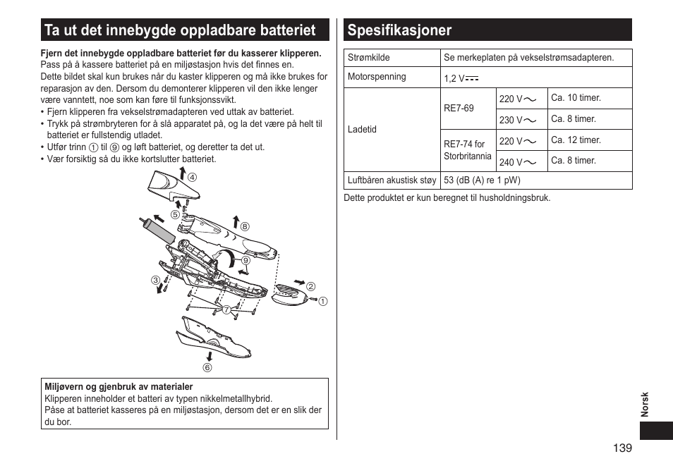 Ta ut det innebygde oppladbare batteriet, Spesifikasjoner | Panasonic ERGS60 User Manual | Page 139 / 256