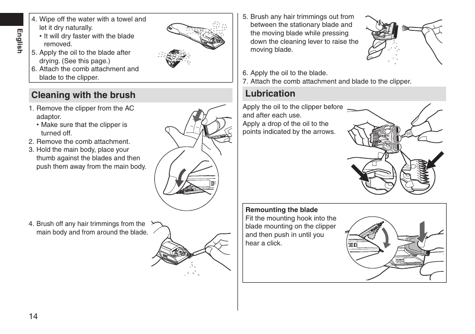 Cleaning with the brush, Lubrication | Panasonic ERGS60 User Manual | Page 14 / 256
