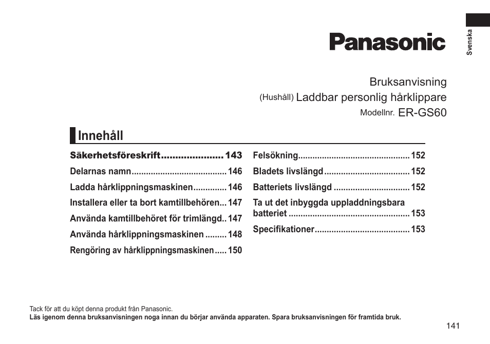 Innehåll, Bruksanvisning, Laddbar personlig hårklippare | Er-gs60 | Panasonic ERGS60 User Manual | Page 141 / 256