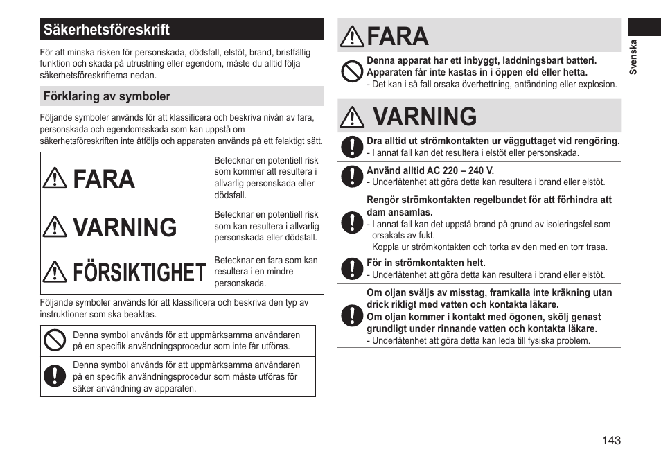 Fara, Varning, Försiktighet | Säkerhetsföreskrift | Panasonic ERGS60 User Manual | Page 143 / 256