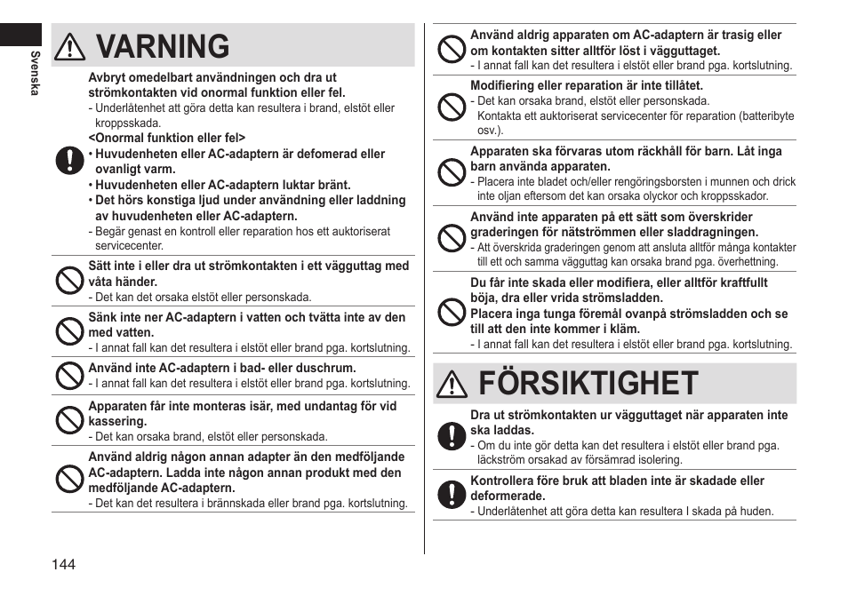 Varning, Försiktighet | Panasonic ERGS60 User Manual | Page 144 / 256