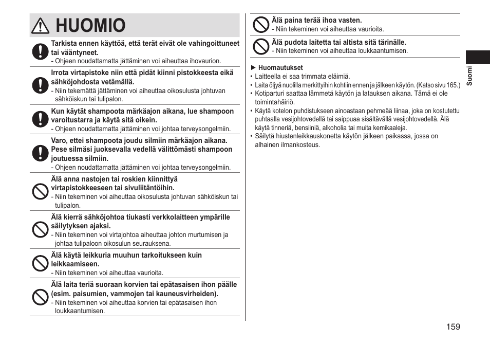 Huomio | Panasonic ERGS60 User Manual | Page 159 / 256