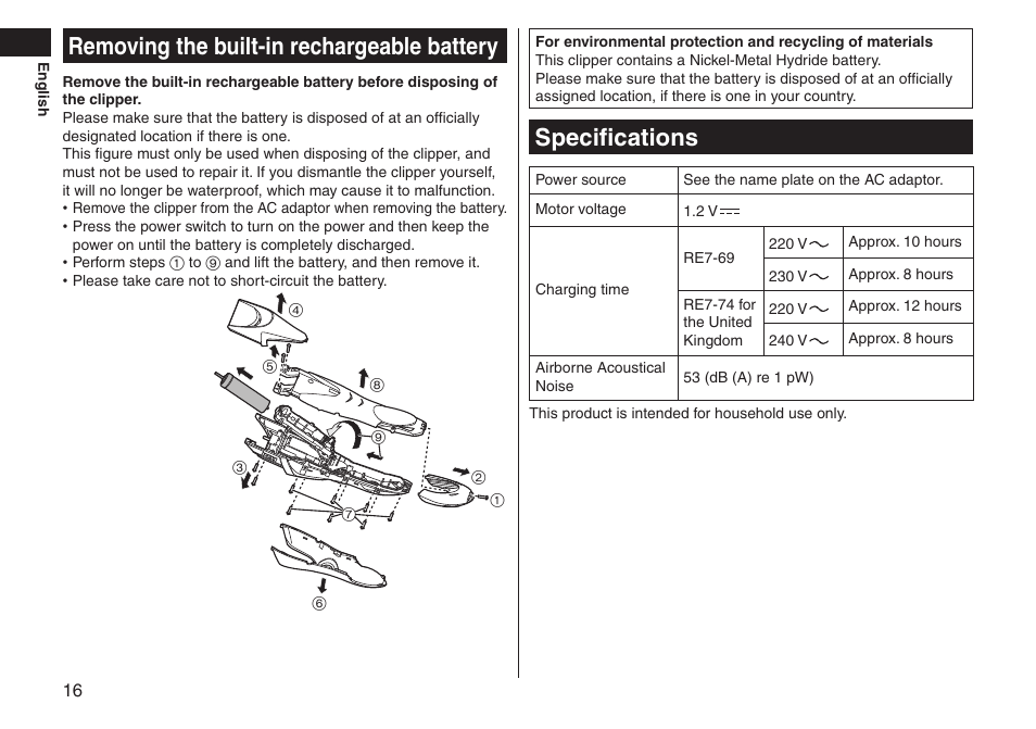 Removing the built-in rechargeable battery, Specifications | Panasonic ERGS60 User Manual | Page 16 / 256
