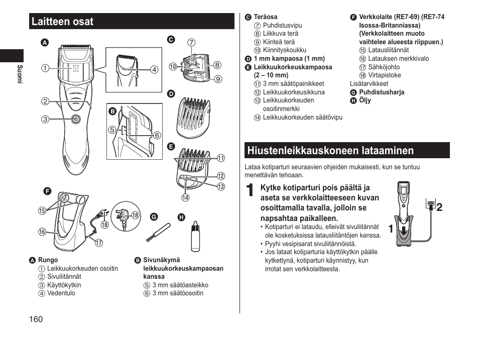 Laitteen osat, Hiustenleikkauskoneen lataaminen | Panasonic ERGS60 User Manual | Page 160 / 256
