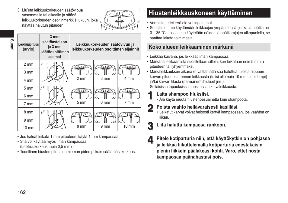 Hiustenleikkauskoneen käyttäminen | Panasonic ERGS60 User Manual | Page 162 / 256