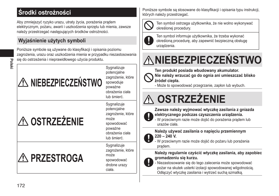 Niebezpieczeństwo, Ostrzeżenie, Przestroga | Środki ostrożności | Panasonic ERGS60 User Manual | Page 172 / 256