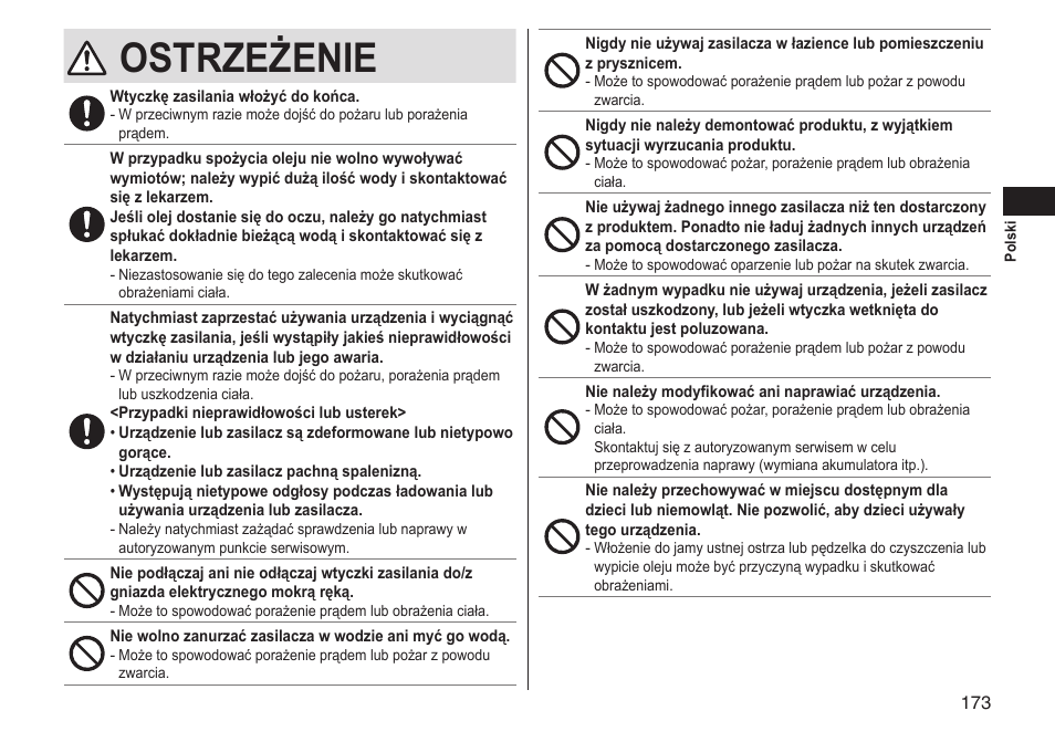 Ostrzeżenie | Panasonic ERGS60 User Manual | Page 173 / 256