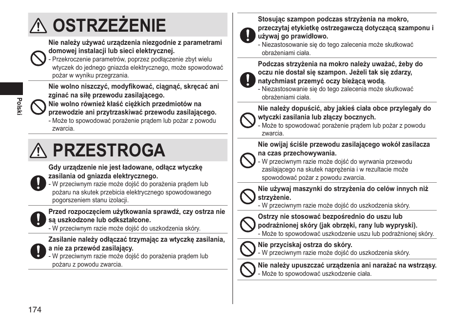 Ostrzeżenie, Przestroga | Panasonic ERGS60 User Manual | Page 174 / 256