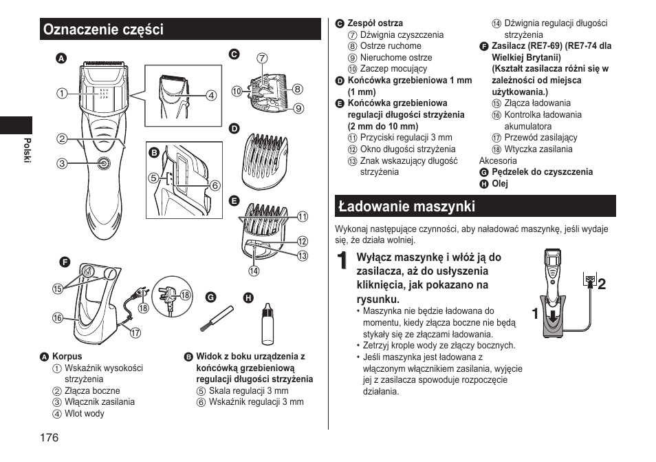 Oznaczenie części, Ładowanie maszynki | Panasonic ERGS60 User Manual | Page 176 / 256