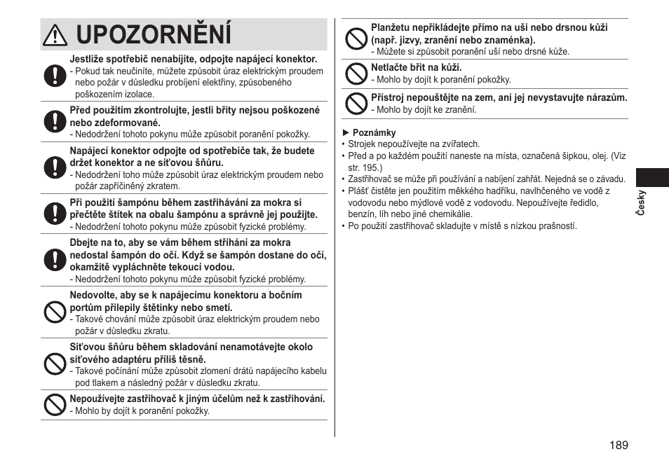 Upozornění | Panasonic ERGS60 User Manual | Page 189 / 256