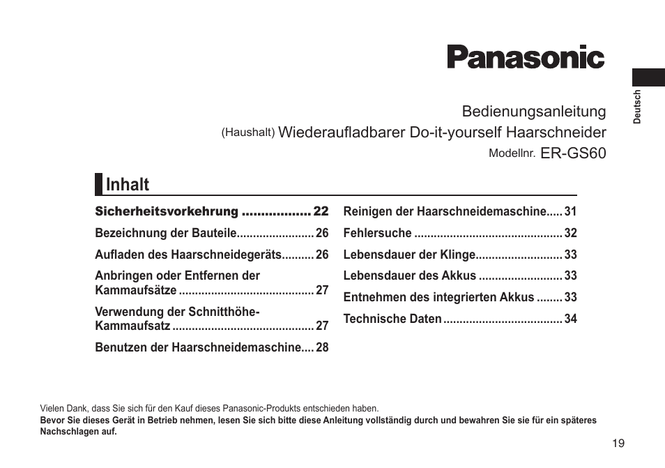 Inhalt, Bedienungsanleitung, Wiederaufladbarer do-it-yourself haarschneider | Er-gs60 | Panasonic ERGS60 User Manual | Page 19 / 256