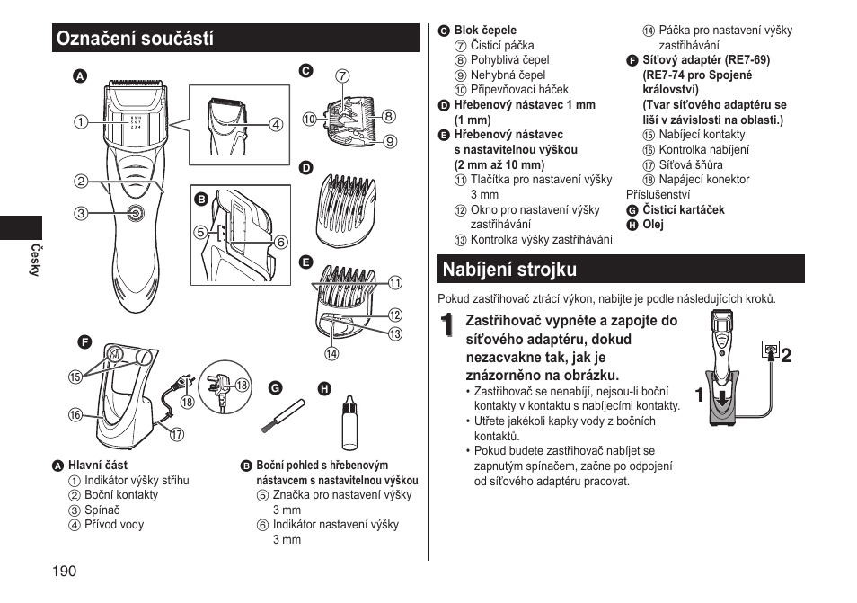 Označení součástí, Nabíjení strojku | Panasonic ERGS60 User Manual | Page 190 / 256