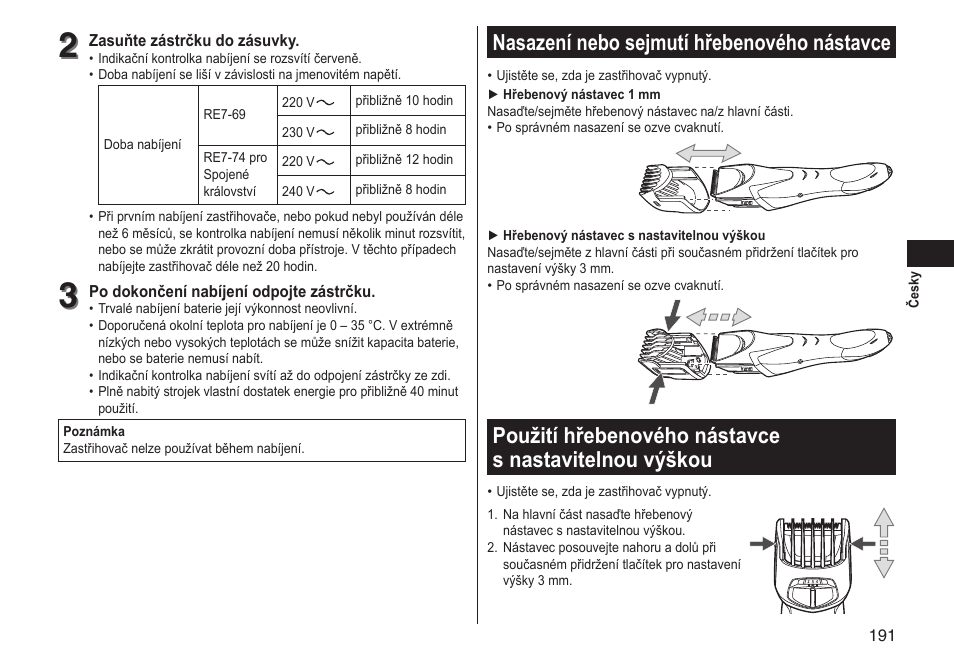 Nasazení nebo sejmutí hřebenového nástavce | Panasonic ERGS60 User Manual | Page 191 / 256