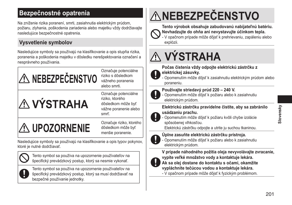 Nebezpečenstvo, Výstraha, Upozornenie | Bezpečnostné opatrenia | Panasonic ERGS60 User Manual | Page 201 / 256