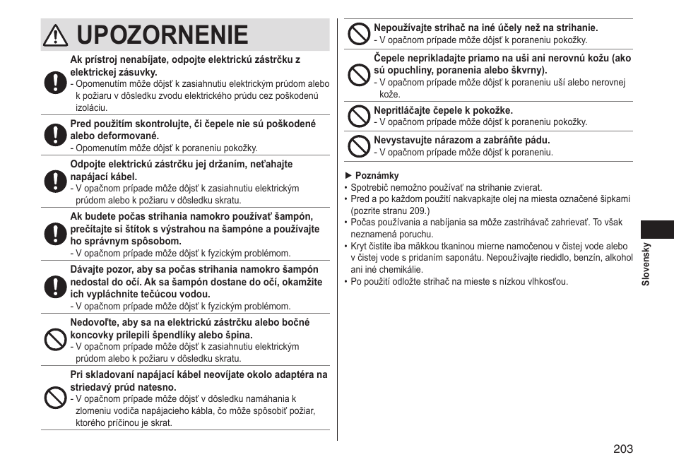 Upozornenie | Panasonic ERGS60 User Manual | Page 203 / 256