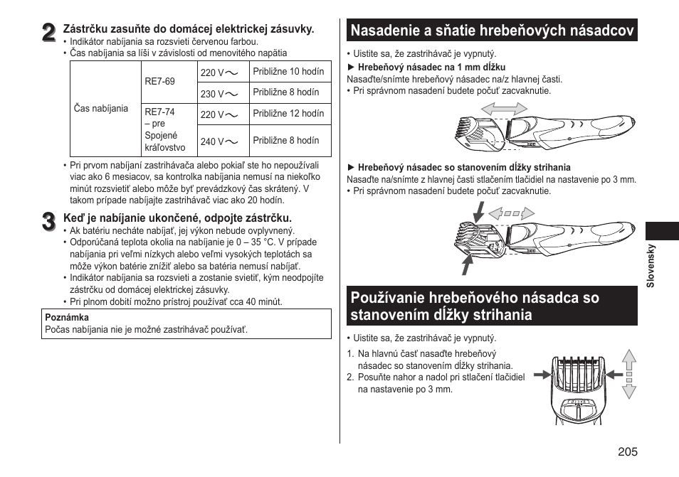Nasadenie a sňatie hrebeňových násadcov | Panasonic ERGS60 User Manual | Page 205 / 256