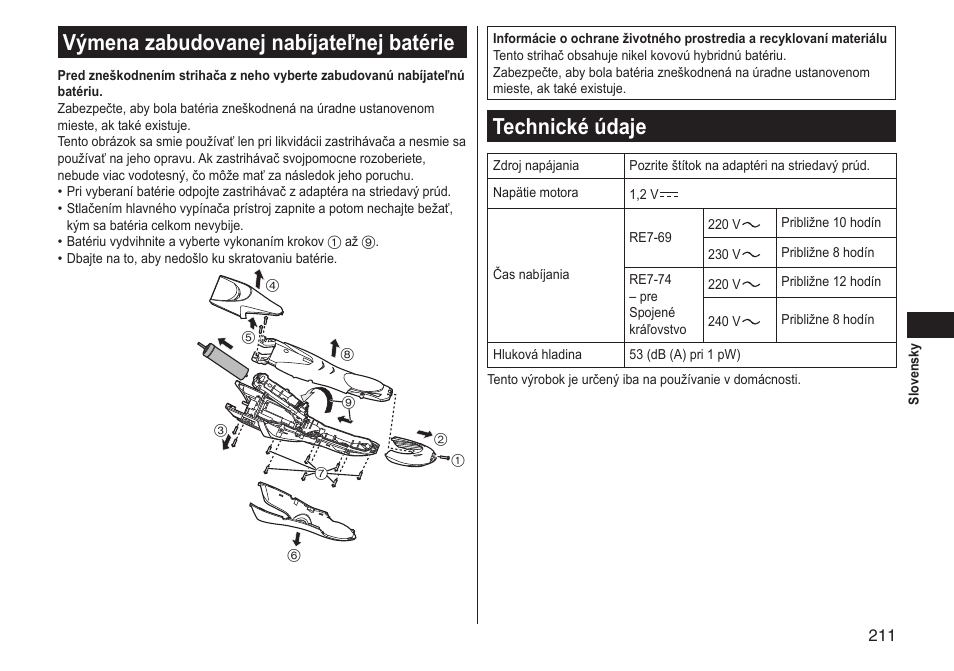 Výmena zabudovanej nabíjateľnej batérie, Technické údaje | Panasonic ERGS60 User Manual | Page 211 / 256