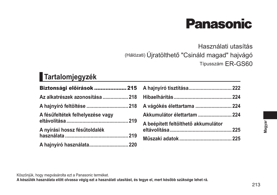 Tartalomjegyzék, Használati utasítás, Újratölthető "csináld magad" hajvágó | Er-gs60 | Panasonic ERGS60 User Manual | Page 213 / 256