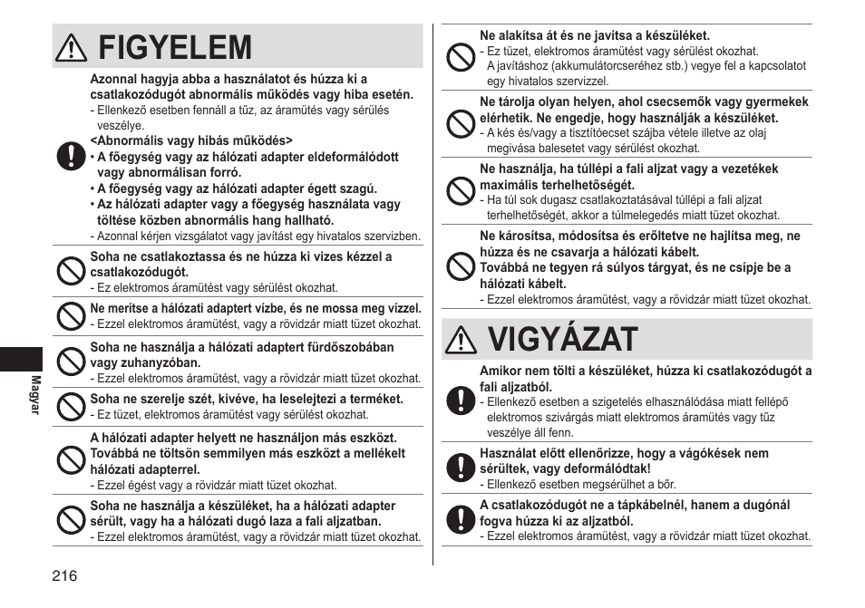 Figyelem, Vigyázat | Panasonic ERGS60 User Manual | Page 216 / 256