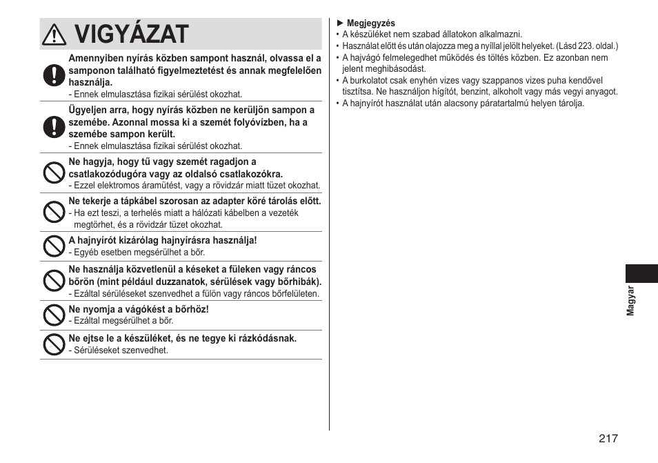 Vigyázat | Panasonic ERGS60 User Manual | Page 217 / 256