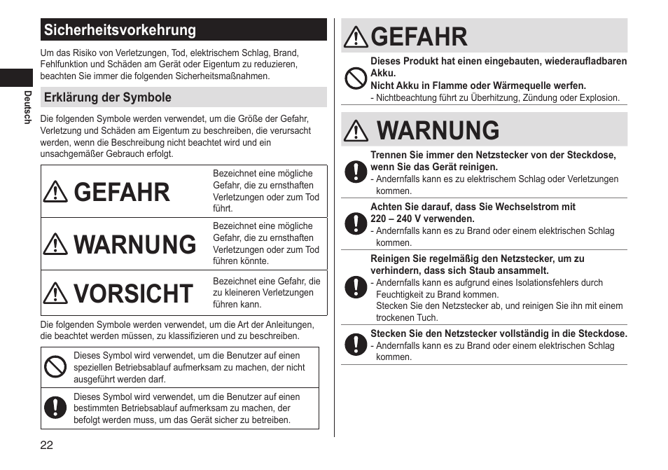 Gefahr, Warnung, Vorsicht | Sicherheitsvorkehrung | Panasonic ERGS60 User Manual | Page 22 / 256