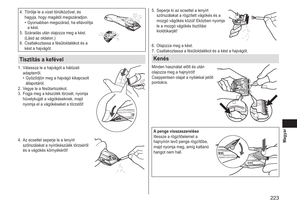 Tisztítás a kefével, Kenés | Panasonic ERGS60 User Manual | Page 223 / 256