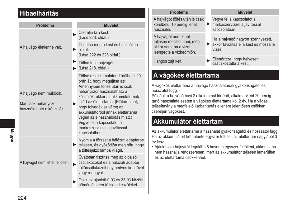 Hibaelhárítás, A vágókés élettartama, Akkumulátor élettartam | Panasonic ERGS60 User Manual | Page 224 / 256