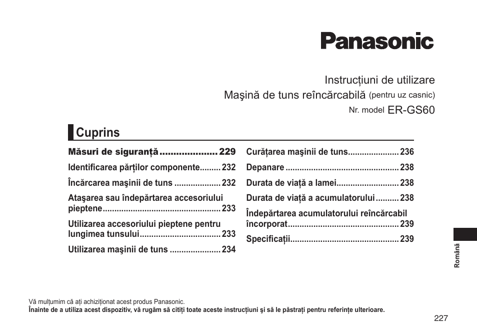 Cuprins, Er-gs60 | Panasonic ERGS60 User Manual | Page 227 / 256