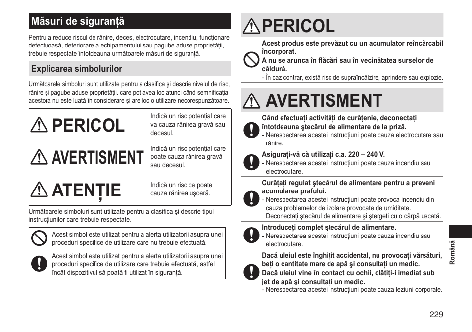 Pericol, Avertisment, Atenţie | Măsuri de siguranţă | Panasonic ERGS60 User Manual | Page 229 / 256
