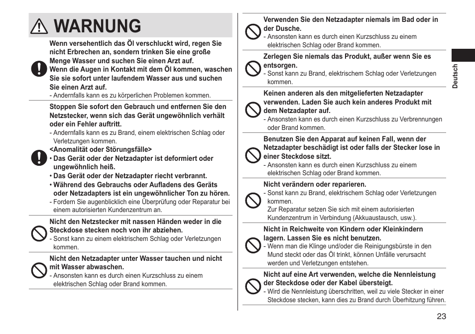 Warnung | Panasonic ERGS60 User Manual | Page 23 / 256
