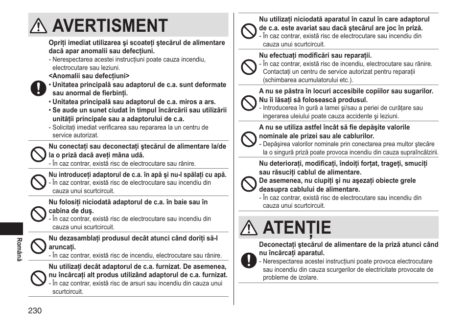 Avertisment, Atenţie | Panasonic ERGS60 User Manual | Page 230 / 256