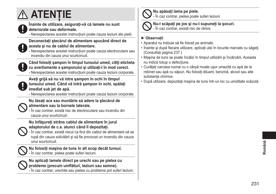 Atenţie | Panasonic ERGS60 User Manual | Page 231 / 256