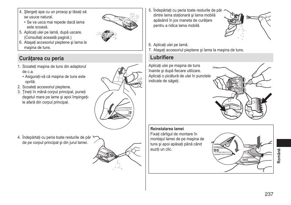 Curăţarea cu peria, Lubrifiere | Panasonic ERGS60 User Manual | Page 237 / 256