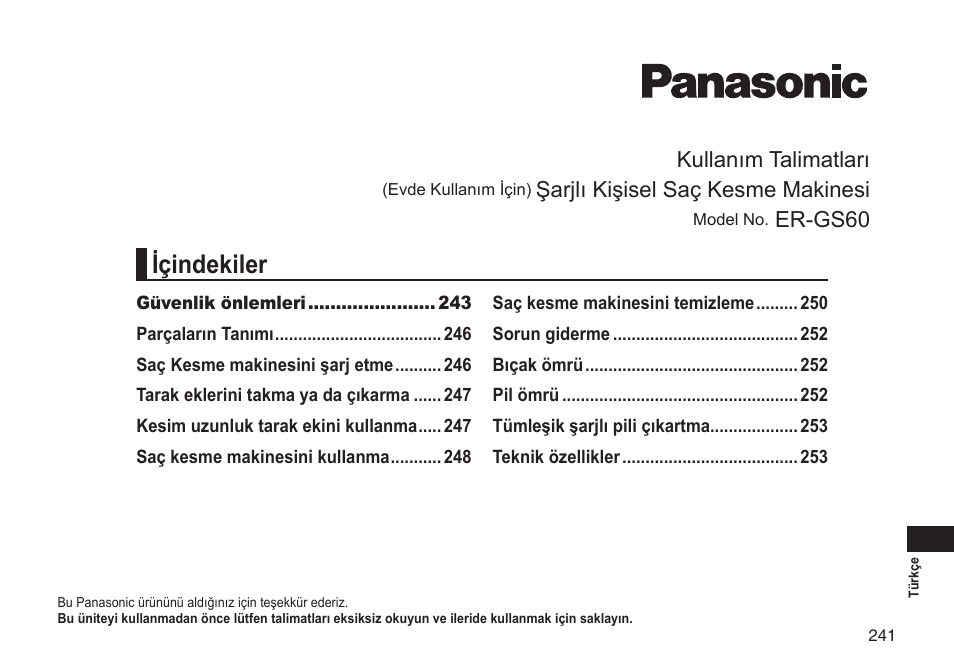 Içindekiler, Kullanım talimatları, Şarjlı kişisel saç kesme makinesi | Er-gs60 | Panasonic ERGS60 User Manual | Page 241 / 256