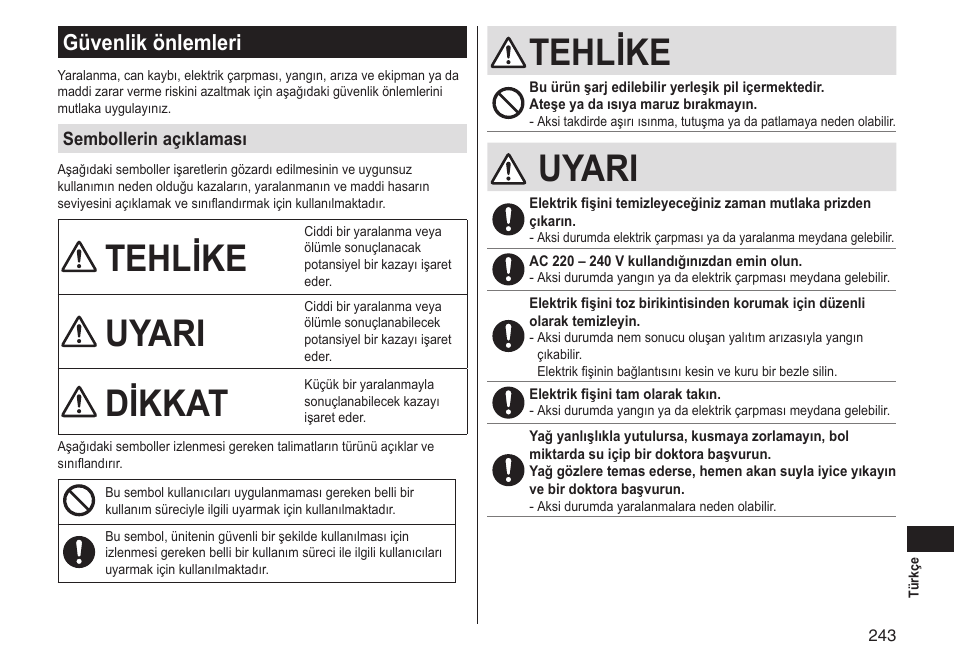 Tehlike, Uyari, Dikkat | Güvenlik önlemleri | Panasonic ERGS60 User Manual | Page 243 / 256
