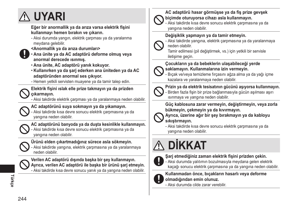 Uyari, Dikkat | Panasonic ERGS60 User Manual | Page 244 / 256