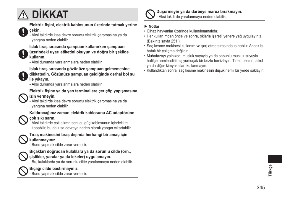 Dikkat | Panasonic ERGS60 User Manual | Page 245 / 256