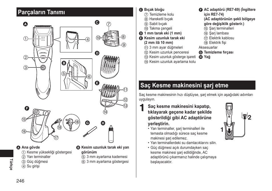 Parçaların tanımı, Saç kesme makinesini şarj etme | Panasonic ERGS60 User Manual | Page 246 / 256