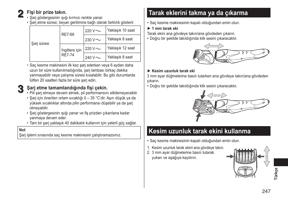 Tarak eklerini takma ya da çıkarma, Kesim uzunluk tarak ekini kullanma | Panasonic ERGS60 User Manual | Page 247 / 256