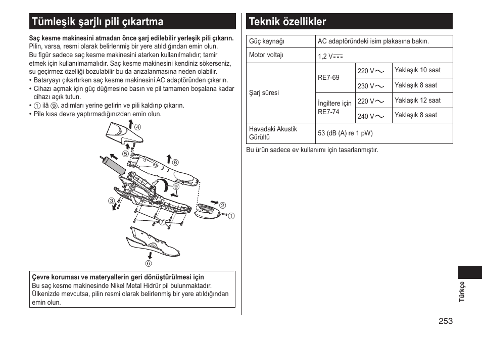 Tümleşik şarjlı pili çıkartma, Teknik özellikler | Panasonic ERGS60 User Manual | Page 253 / 256