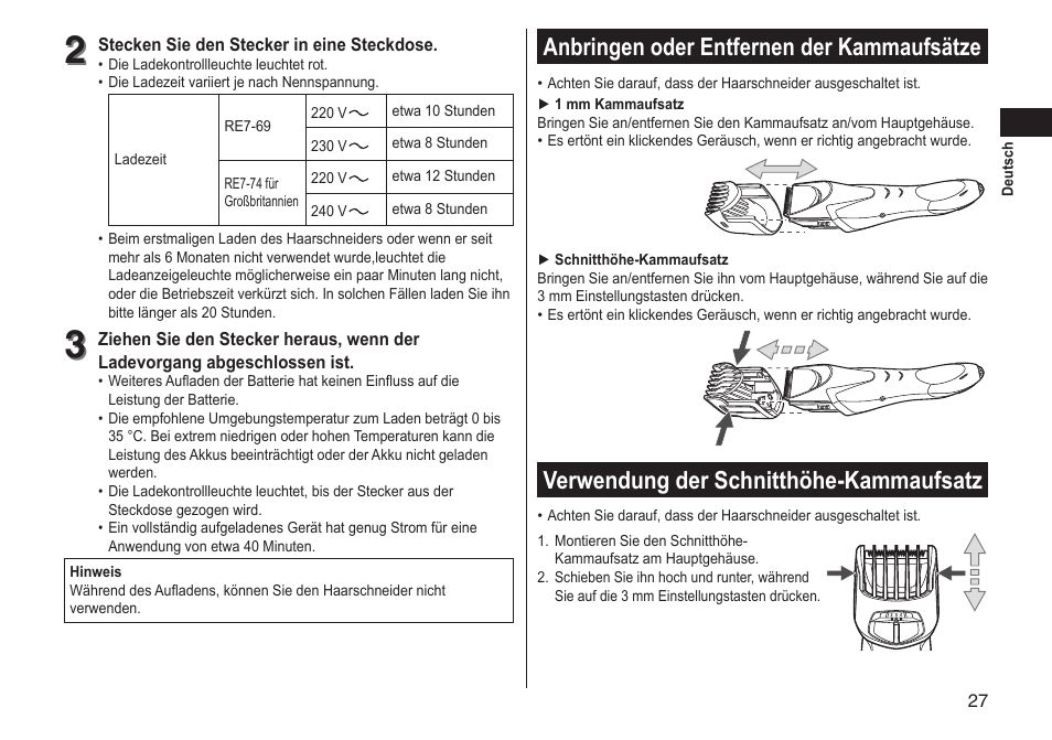 Anbringen oder entfernen der kammaufsätze, Verwendung der schnitthöhe-kammaufsatz | Panasonic ERGS60 User Manual | Page 27 / 256
