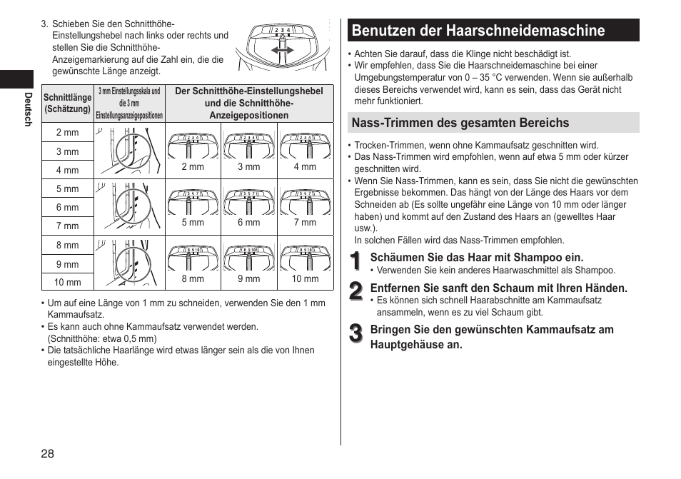 Benutzen der haarschneidemaschine | Panasonic ERGS60 User Manual | Page 28 / 256