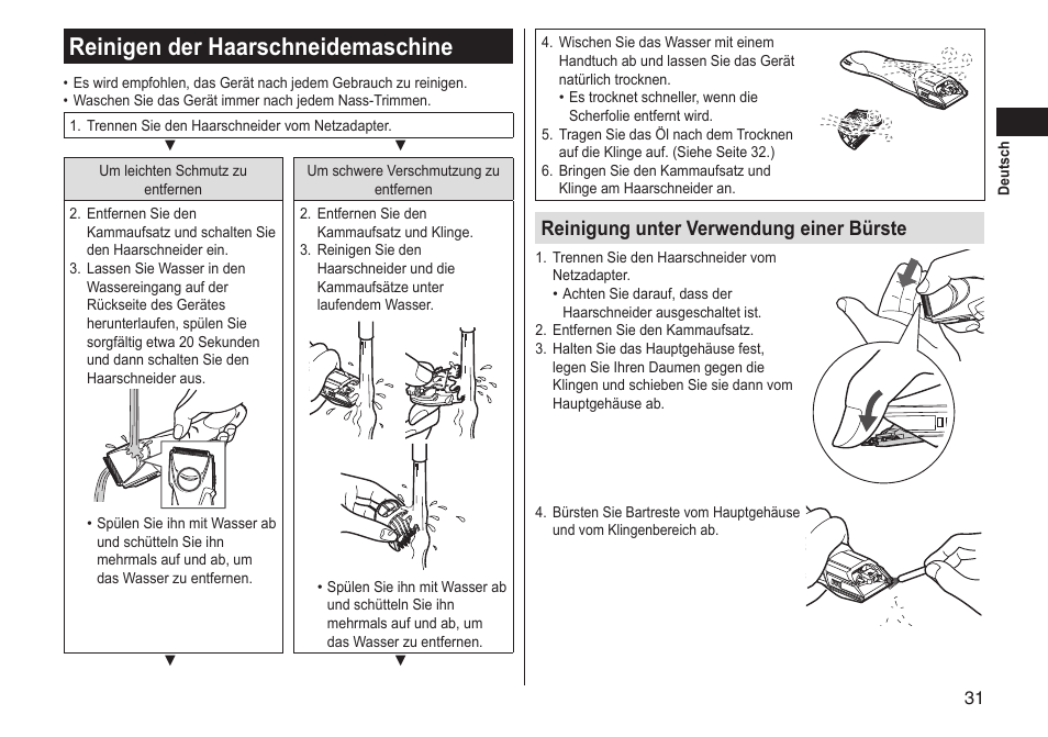 Reinigen der haarschneidemaschine, Reinigung unter verwendung einer bürste | Panasonic ERGS60 User Manual | Page 31 / 256