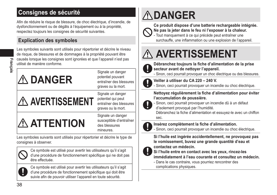 Danger, Avertissement, Attention | Consignes de sécurité | Panasonic ERGS60 User Manual | Page 38 / 256