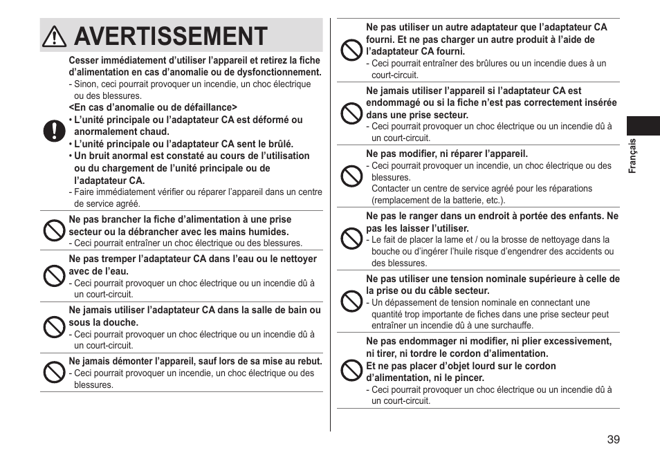 Avertissement | Panasonic ERGS60 User Manual | Page 39 / 256