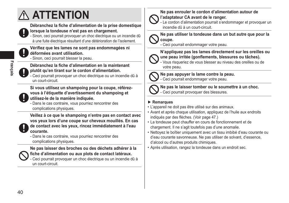 Attention | Panasonic ERGS60 User Manual | Page 40 / 256