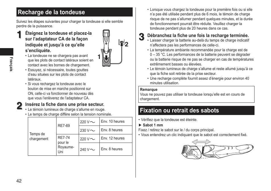 Recharge de la tondeuse, Fixation ou retrait des sabots | Panasonic ERGS60 User Manual | Page 42 / 256